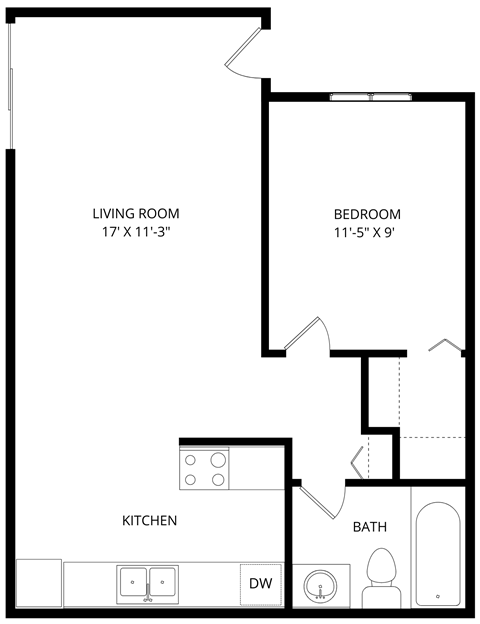 Floor plan for 1 bed, 1 bath, 520 sqft